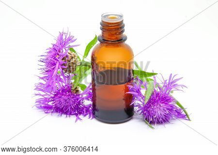 Pink Cornflowers (centaurea Biebersteinii) And Bottle With Essential Oil  Of Medicinal Plant. Isolat