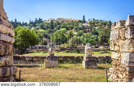 Ancient Agora In Summer, Athens, Greece. It Is Famous Tourist Attraction Of Athens. Panorama Of Agor