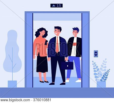 Positive People Standing On Elevator Cab. Men And Woman Standing Inside Lift Cabin With Open Doors. 