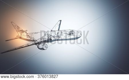Abstract Polygonal Airplane On Gray Background. Ai And Teamwork Concept. 3d Rendering
