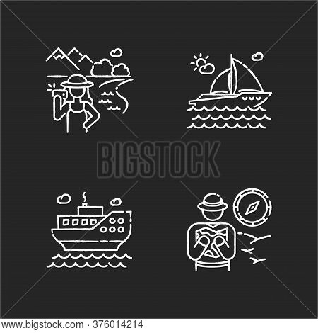 Popular Vacation Activities Chalk White Icons Set On Black Background. Sea Cruise, Luxurious Yachtin