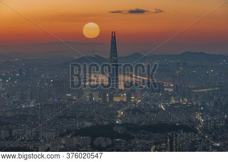 Sunset Of Seoul Downtown Cityscape . Aerial View Of Nansan Seoul Tower And Lotte Tower. Viewpoint Fr