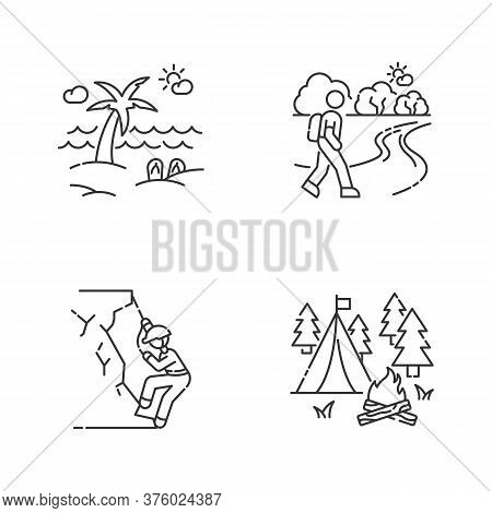 Outdoor Recreation Pixel Perfect Linear Icons Set. Seaside Resort, Hiking Mountaineering And Camping