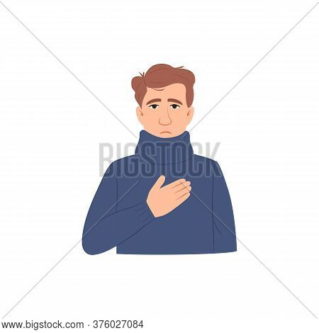 Chest Pain Symptom Flat Icon. Sick Young Man Has Heart Attack Isolated On White Background. Difficul