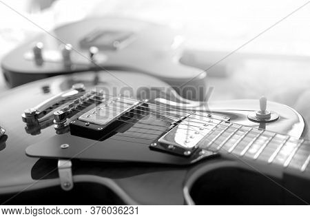 Electric Guitar, Used To Play Music And Notes, Macro Abstract Black And White