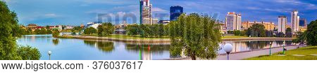 Belarus Travel Destinations. Panorama Of Minsk City With Trinity Suburb And Svisloch River In Backgr