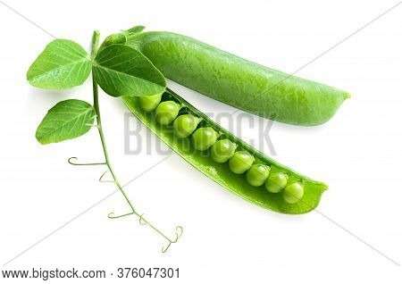 Fresh Green Pea In Pod With Leaves Isolated On White Background