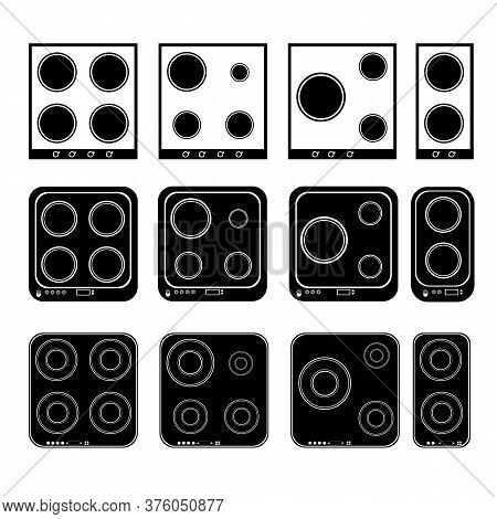 Hob With Hobs. Set Of Electric Hobs Black White. 2 3 And 4 Rings. Vector