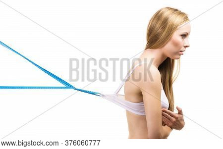 Measure Bra Size, Perfect Fitting Concept. Woman Wearing Wrong Bra, Underbust Band Too Loose. Female