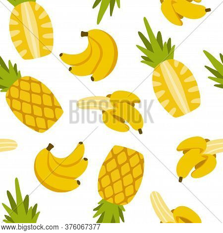 Seamless Pattern With Yellow Bananas And Pineapples. Repeating Endless Elements. Juicy And Tasty Fru
