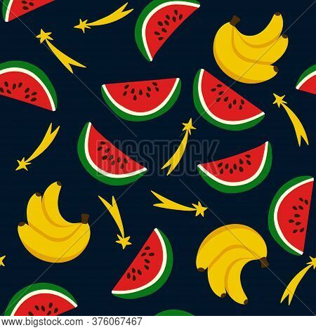 Seamless Pattern With Watermelons, Bananas, Stars On A Dark Night Background. Repeating Endless Elem