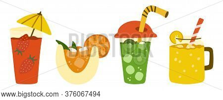 Set Of Cocktails For Design. Juice With Ice In Glasses. Tubules, Umbrellas, Pieces Of Delicious Frui