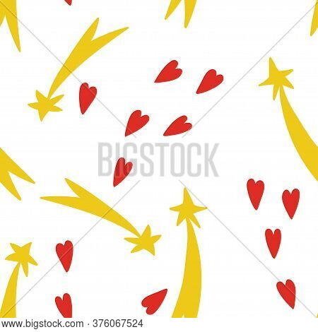 Seamless Pattern With Yellow Stars And Red Hearts. Cute Baby Illustration. Repeating Print Elements.