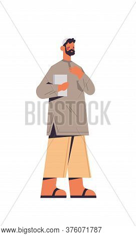 Arabic Man In Traditional Clothes Arab Prayer With Quran Male Cartoon Character Standing Pose Full L