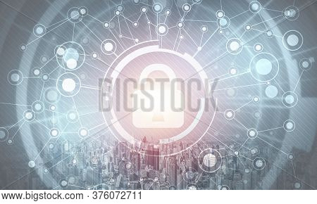 Cybersecurity Mixed Media With Virtual Locking Padlock On Cityscape Background. Data Privacy Protect