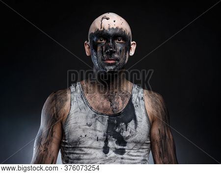 Photo Of Bald Mad Man With Dirty Make-up Effect
