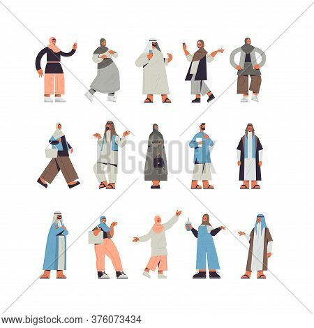 Set Arabic People In Traditional Clothes Arab Men Women Standing Pose Male Female Cartoon Characters