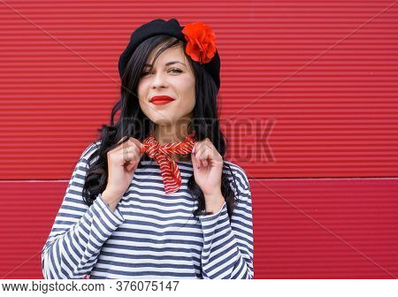 Young Woman In Modern French Style, Wear In Jeans And Jemper, Hat Beret. Casual Fashionable Style Fo