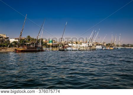 Luxor, Egypt - Jan 28, 2020:The touristic boats on Nile river in Luxor city, Egypt