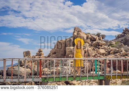 Traveler Woman Joy Fun Relaxing On Wood Bridge Looking Beautiful Destination Island. Tourism Natural