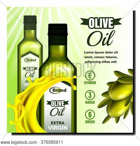 Olive Oil Extra Virgin Promotional Poster Vector. Tree Branch, Blank Oil Glass Bottle And Splash Nat