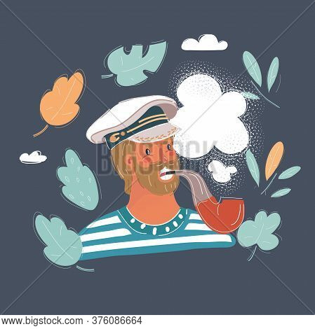 Vector Illustration Of Old Seaman. Young Man Wearing In Sail Cap And Smoke Tobbaco Pipe.
