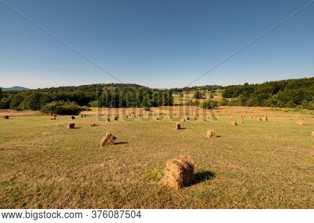 Haystacks On Dubasnica Mountain In Eastern Serbia Near The City Of Bor