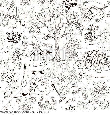 Garden Cute Seamless Pattern Coloring Book Page.