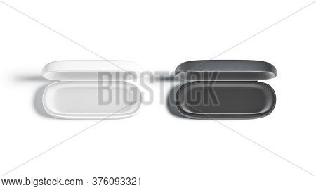 Blank Black And White Opened Glasses Case Mockup Set, Isolated, 3d Rendering. Empty Sunglasses Or Ey