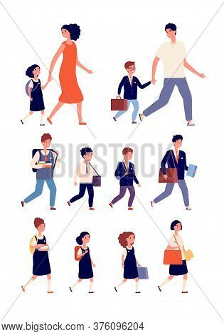Students Characters. Mixed Elementary And High School Flat Children. Teenagers With Bags, College Co