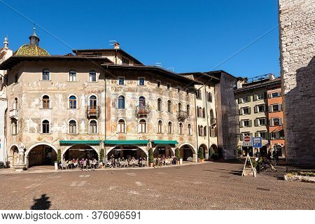 Trento, Italy - March 8th, 2020: Piazza Del Duomo, Cathedral Square In Trento City With The Frescoed