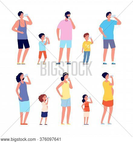 People Drinking Water. Girl Drink Water, Children Adult With Bottles And Glasses. Refreshing Drinks 