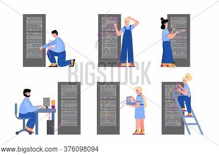 Data Center Hosting Servers Equipment And Working Staff Set Of Cartoon Vector Illustrations Isolated