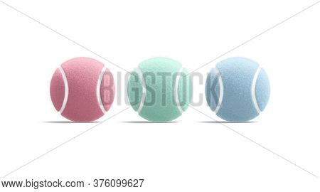 Blank Colored Tennis Ball Mock Up, Front View, 3d Rendering. Empty Pink, Green, Blue Fuzz Sphere For