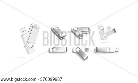 Blank White Opened And Closed Usb Stick Mockup, Different Views, 3d Rendering, Empty Portable Memo T