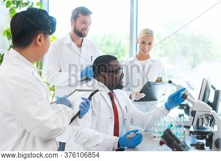 Scientist And Students Working In Lab. Doctor Teaching Interns To Make Blood Analyzing Research. Bio