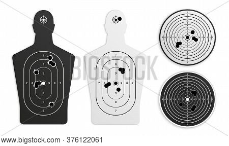 Bullet Holes Target Realistic Set On Blank Background With Isolated Images Of Gunnery Training Paper