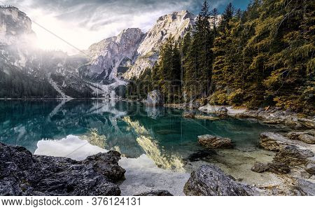 Impressive View Of Lago Di Braies At Sunrise. Trentino Alto Adidge, Dolomites Mountains, South Tyrol