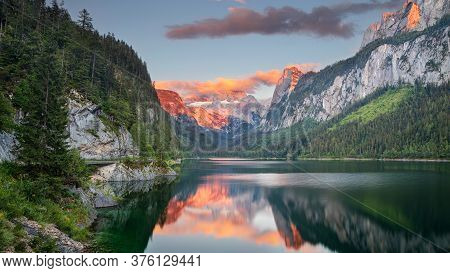 Gosausee, European Alps. Panoramic Image Of Gosausee, Austria Located In European Alps At Summer Sun