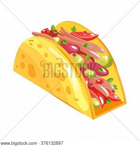 Taco - Mexican Traditional Food. Isolated On White Background. Vector Flat Color Icon.