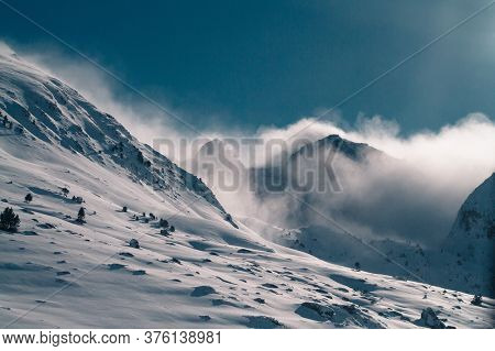 Winter Glacier Mountains Landscape, Andorra Pyrenees, Travel Europe, Clouds.