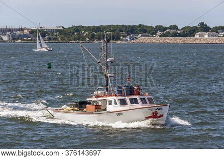 New Bedford, Massachusetts, Usa - July 11, 2020: Lobster Boat Jim Dandy Homebound On Breezy Summer M