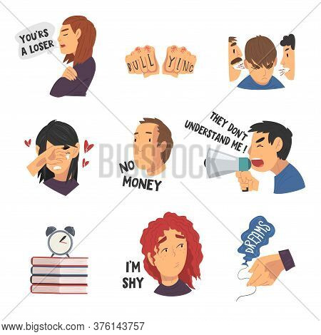 Depressed Teenagers In Stressful Situations Collection, Different Teen Problems Vector Illustration