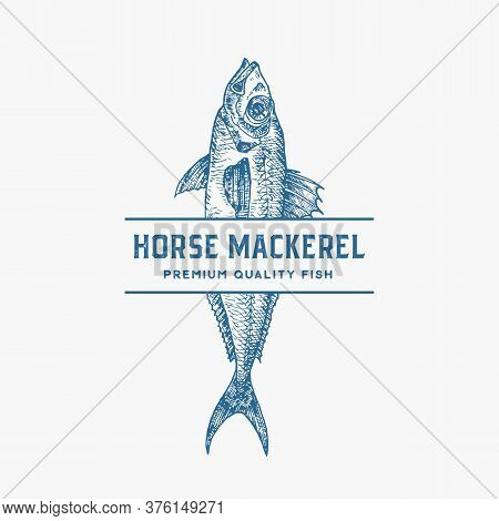 Premium Quality Horse Mackerel. Abstract Vector Sign, Symbol Or Logo Template. Hand Drawn Fish With 