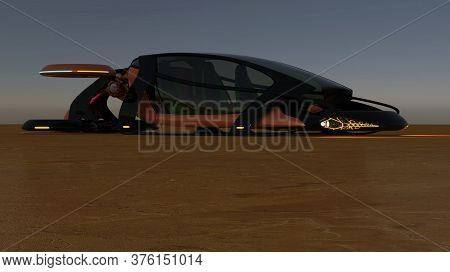 A 3d Illustration. At Dusk, There Is A Black-and-orange Flying Machine On The Ground, With Its Dimen
