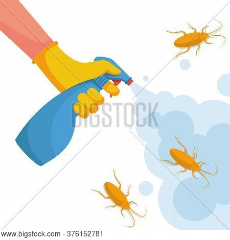 Pest Control Banner Concept. Man Exterminator Holds A Sprayer In Hands Spraying Pesticide. Destructi