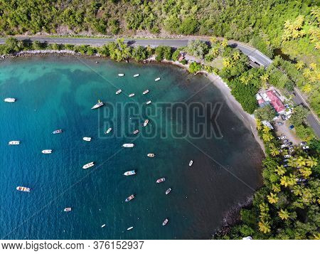 Guadeloupe Beach Drone Sunset View. Harbor Bay Aerial View In Marigot.