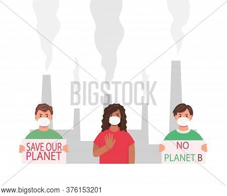Ecology Concept. Masked Activists Protesting. Environment Protection. Eco - Activists With Posters. 