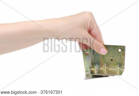 Furniture Metal Corner In Hand On White Background Isolation