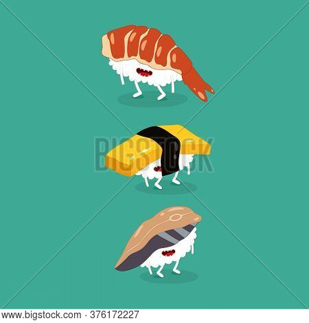 Sushi Shrimp Egg Mackrel Funny Image. Vector Illustration.